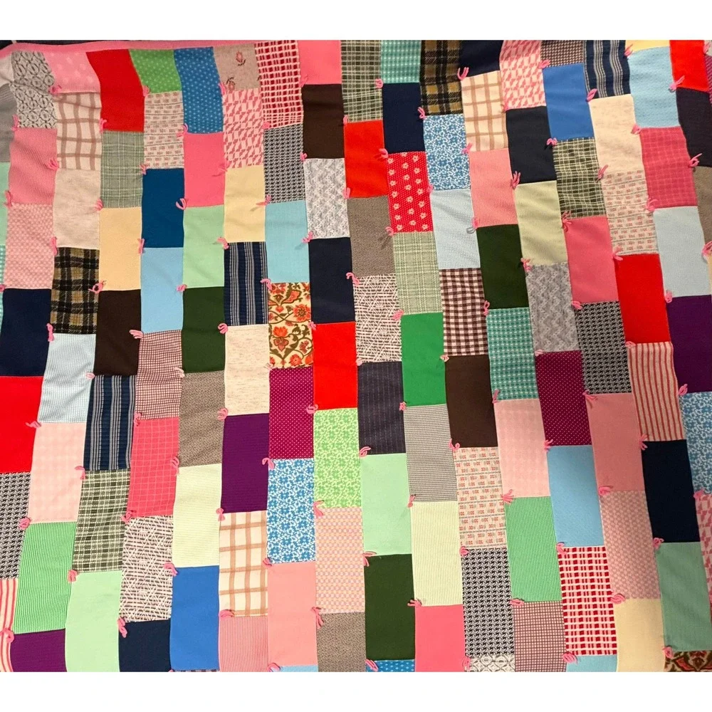 Vintage Handmade Patchwork Tied Quilt Multi Color Scrap‎ Blanket Pink Backing